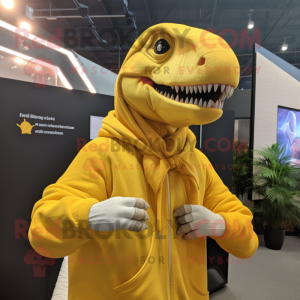 Lemon Yellow Allosaurus mascot costume character dressed with a Sweatshirt and Shawl pins