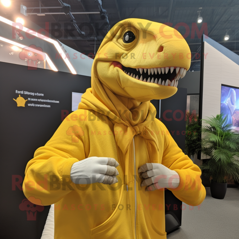 Lemon Yellow Allosaurus mascot costume character dressed with a Sweatshirt and Shawl pins