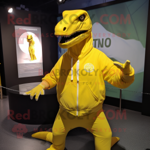 Lemon Yellow Allosaurus mascot costume character dressed with a Sweatshirt and Shawl pins