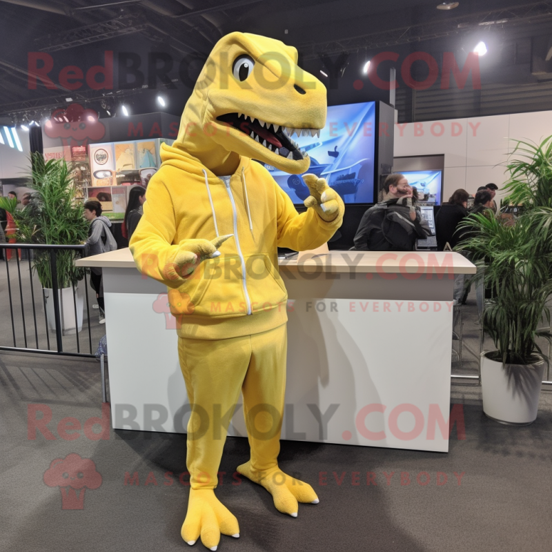 Lemon Yellow Allosaurus mascot costume character dressed with a Sweatshirt and Shawl pins