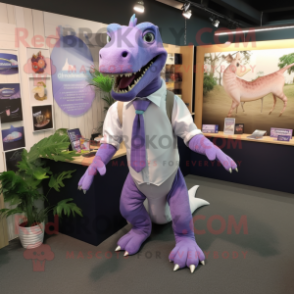 Lavender Iguanodon mascot costume character dressed with a Oxford Shirt and Ties