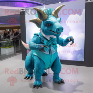 Cyaan Triceratops mascotte...