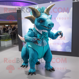 Cyan Triceratops mascot costume character dressed with a Evening Gown and Suspenders