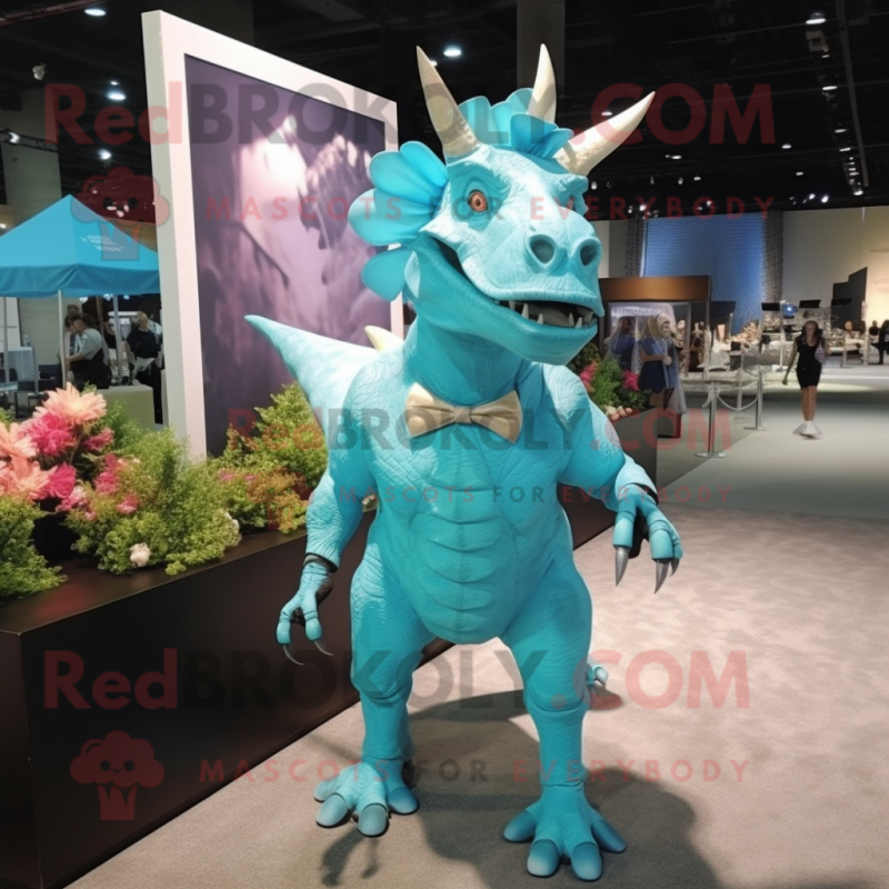 Cyan Triceratops mascot costume character dressed with a Evening Gown and Suspenders