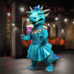 Cyan Triceratops mascot costume character dressed with a Evening Gown and Suspenders