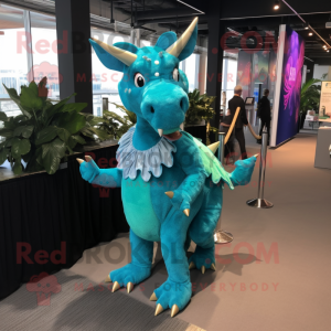 Cyan Triceratops mascot costume character dressed with a Evening Gown and Suspenders