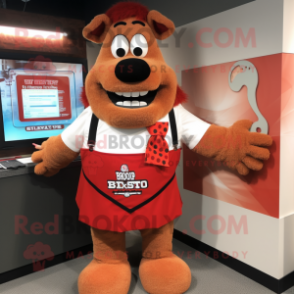 Red Shepard'S Pie mascot costume character dressed with a Dress Shirt and Suspenders