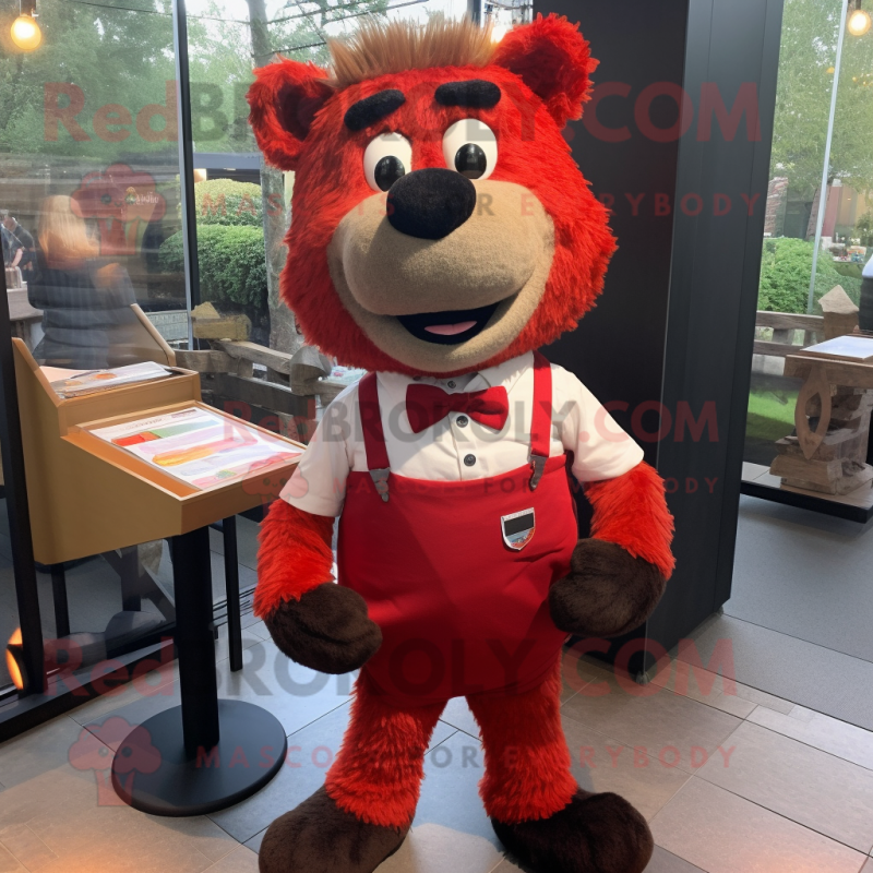 Red Shepard'S Pie mascot costume character dressed with a Dress Shirt and Suspenders Red Shepard'S Pie mascot costume character dressed with a Dress Shirt and Suspenders