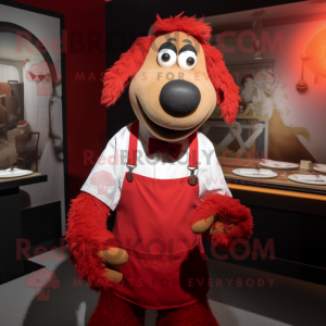 Red Shepard'S Pie mascot costume character dressed with a Dress Shirt and Suspenders