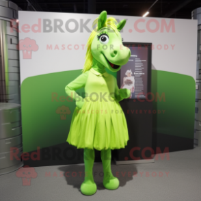 Lime Green Mare mascot costume character dressed with a Pleated Skirt and Scarf clips