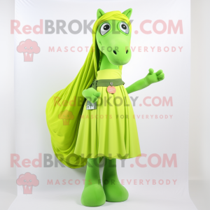 Lime Green Mare mascot costume character dressed with a Pleated Skirt and Scarf clips