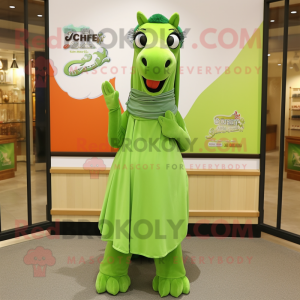 Lime Green Mare mascot costume character dressed with a Pleated Skirt and Scarf clips