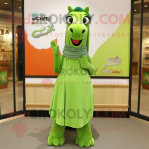 Lime Green Mare mascot costume character dressed with a Pleated Skirt and Scarf clips