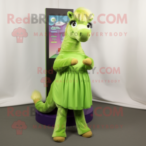 Lime Green Mare mascot costume character dressed with a Pleated Skirt and Scarf clips