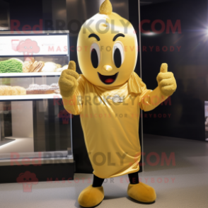 Gold Radish mascot costume character dressed with a Hoodie and Rings