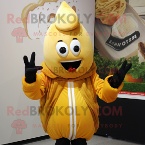 Gold Radish mascot costume character dressed with a Hoodie and Rings
