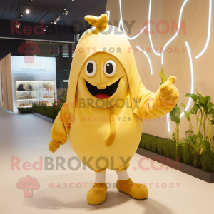 Gold Radish mascot costume character dressed with a Hoodie and Rings