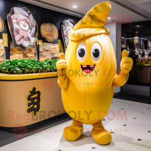 Gold Radish mascot costume character dressed with a Hoodie and Rings