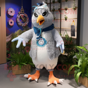 Silver Pigeon mascot costume character dressed with a Bermuda Shorts and Hairpins