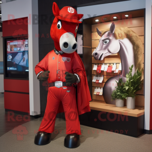 Red Horseshoe mascot costume character dressed with a Graphic Tee and Lapel pins