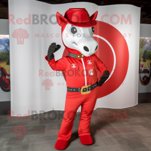 Red Horseshoe mascot costume character dressed with a Graphic Tee and Lapel pins