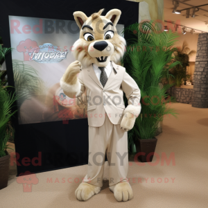 Beige Lynx mascot costume character dressed with a Maxi Dress and Pocket squares