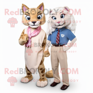 Beige Lynx mascot costume character dressed with a Maxi Dress and Pocket squares