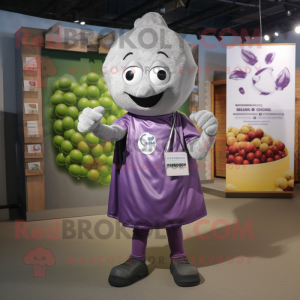 Silver Grape mascot costume character dressed with a T-Shirt and Rings