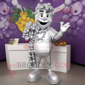 Silver Grape mascot costume character dressed with a T-Shirt and Rings