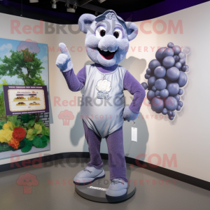 Silver Grape mascot costume character dressed with a T-Shirt and Rings