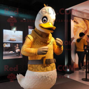 Gold Geese mascot costume character dressed with a Graphic Tee and Mittens