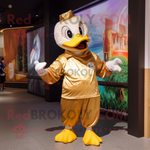 Gold Geese mascot costume character dressed with a Graphic Tee and Mittens
