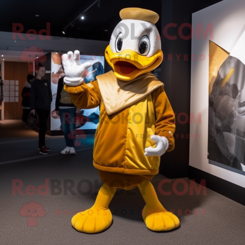 Gold Geese mascot costume character dressed with a Graphic Tee and Mittens Gold Geese mascot costume character dressed with a Graphic Tee and Mittens