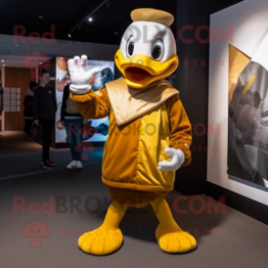 Gold Geese mascot costume character dressed with a Graphic Tee and Mittens