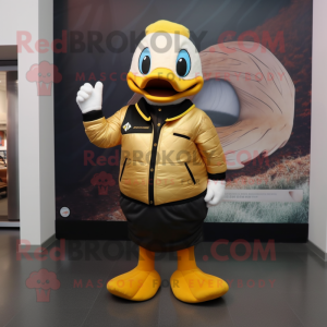 Gold Geese mascot costume character dressed with a Graphic Tee and Mittens