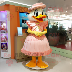 Peach Geese mascot costume character dressed with a A-Line Skirt and Hairpins