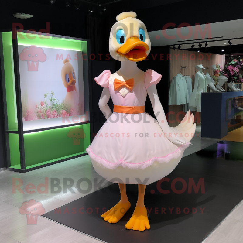 Peach Geese mascot costume character dressed with a A-Line Skirt and Hairpins