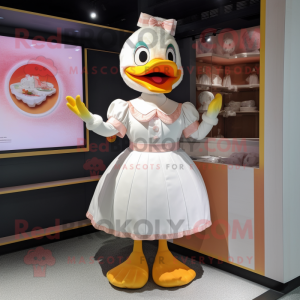 Peach Geese mascot costume character dressed with a A-Line Skirt and Hairpins