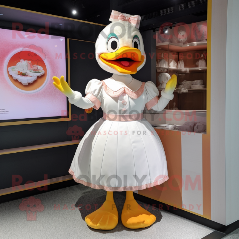 Peach Geese mascot costume character dressed with a A-Line Skirt and Hairpins Peach Geese mascot costume character dressed with a A-Line Skirt and Hairpins