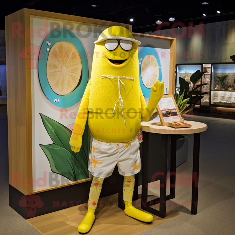 Lemon Yellow Pad Thai mascot costume character dressed with a Board Shorts and Cufflinks