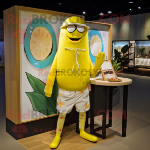 Lemon Yellow Pad Thai mascot costume character dressed with a Board Shorts and Cufflinks