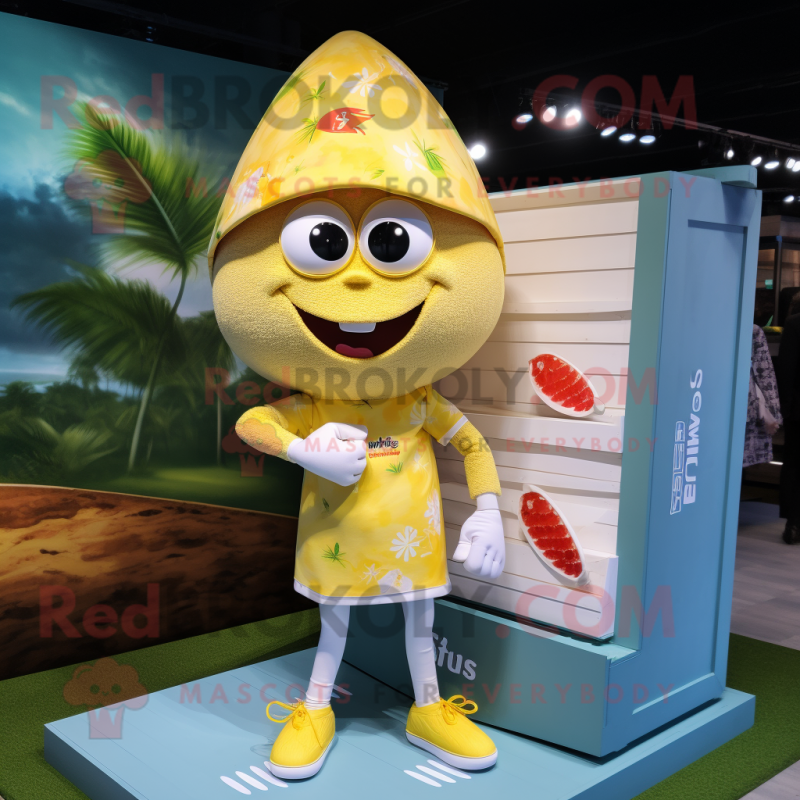 Lemon Yellow Pad Thai mascot costume character dressed with a Board Shorts and Cufflinks Lemon Yellow Pad Thai mascot costume character dressed with a Board Shorts and Cufflinks