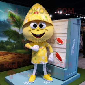 Lemon Yellow Pad Thai mascot costume character dressed with a Board Shorts and Cufflinks