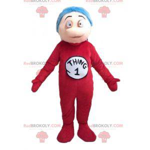 Jongensmascotte in rode jumpsuit en blauw haar - Redbrokoly.com