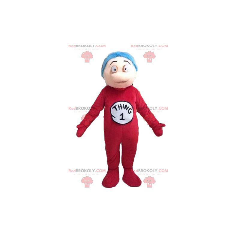 Menino mascote com macacão vermelho e cabelo azul -