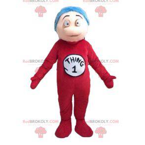 Mascotte del ragazzo in tuta rossa e capelli blu -