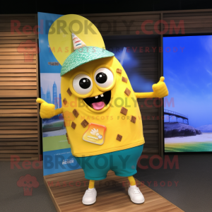 Lemon Yellow Pad Thai mascot costume character dressed with a Board Shorts and Cufflinks