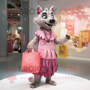 Pink Hyena mascot costume character dressed with a Empire Waist Dress and Handbags