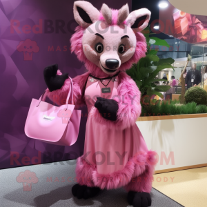 Pink Hyena mascot costume character dressed with a Empire Waist Dress and Handbags