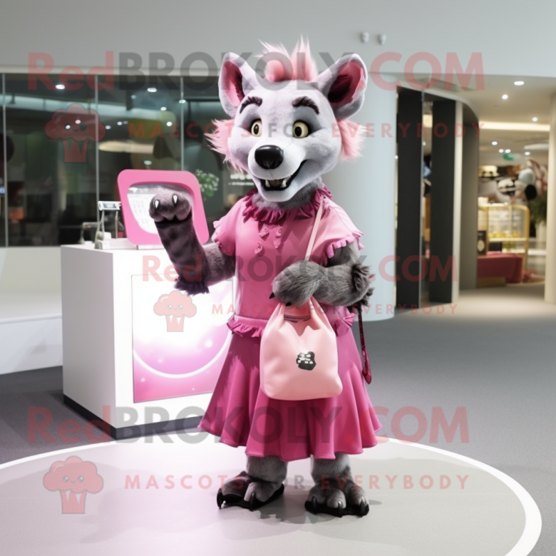 Pink Hyena mascot costume character dressed with a Empire Waist Dress and Handbags